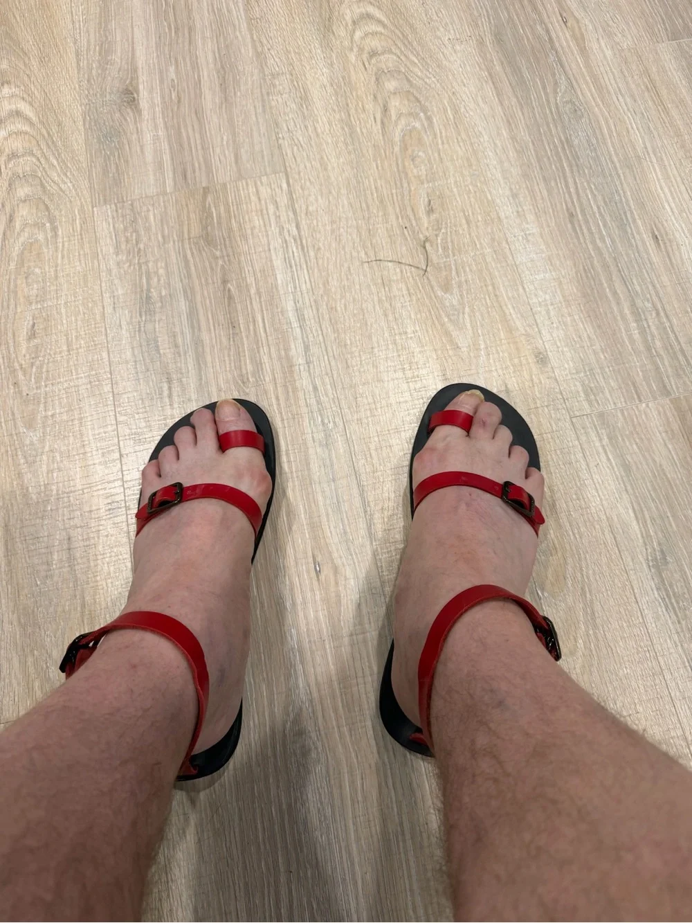 Minimalist Red & Black Leather Calpas Handmade Toe-Loop Sandals US Mens 11